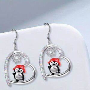 Cute Enamel Penguin Heart Rhinestone Pendant Dangle Women's Fashion Earrings set